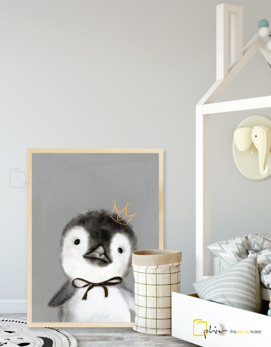 The Fluffy Fleece Penguin - Wooden Frame - Oak