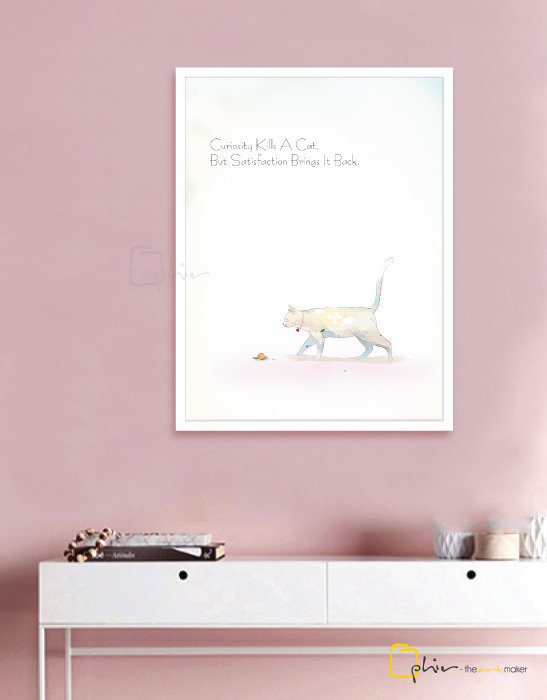 Satisfaction Cat - Wooden Frame - White